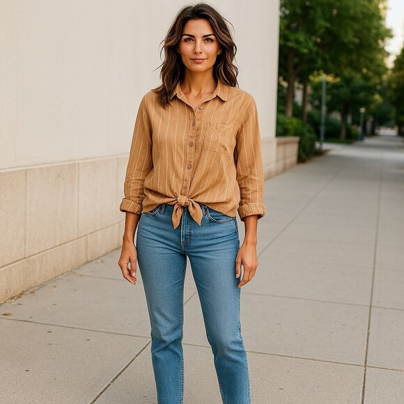 American Eagle Outfitters Tops - American Eagle Goldenrod Tie Front Blouse  XS Viscose Boho Oversized Striped